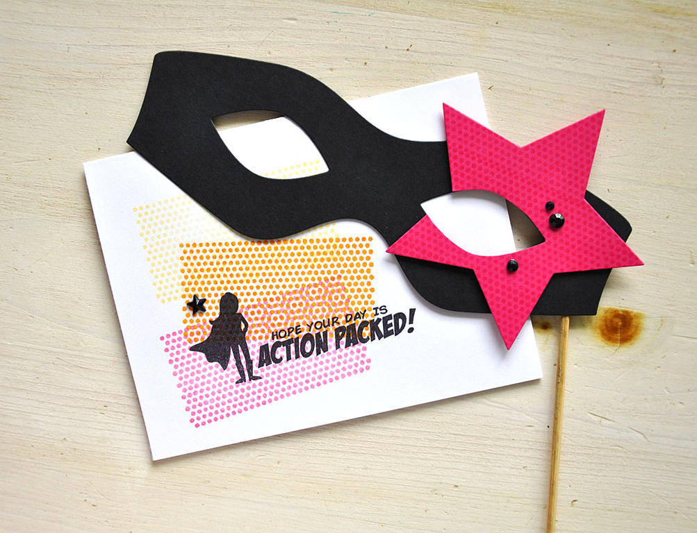 Stamps: Superhero<br />
Ink: Raspberry Fizz, Orange Zest, Harvest Gold, True Black, and...