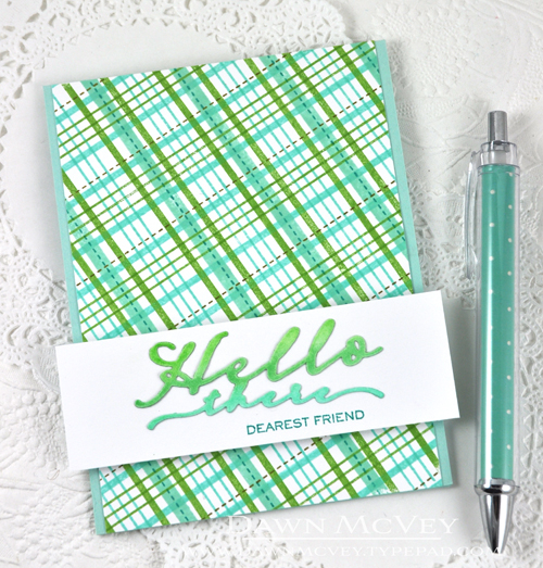 Paper: stamper&#039;s select white, aqua mist<br />
Stamps: Scripted, Background Basics: Plaid...