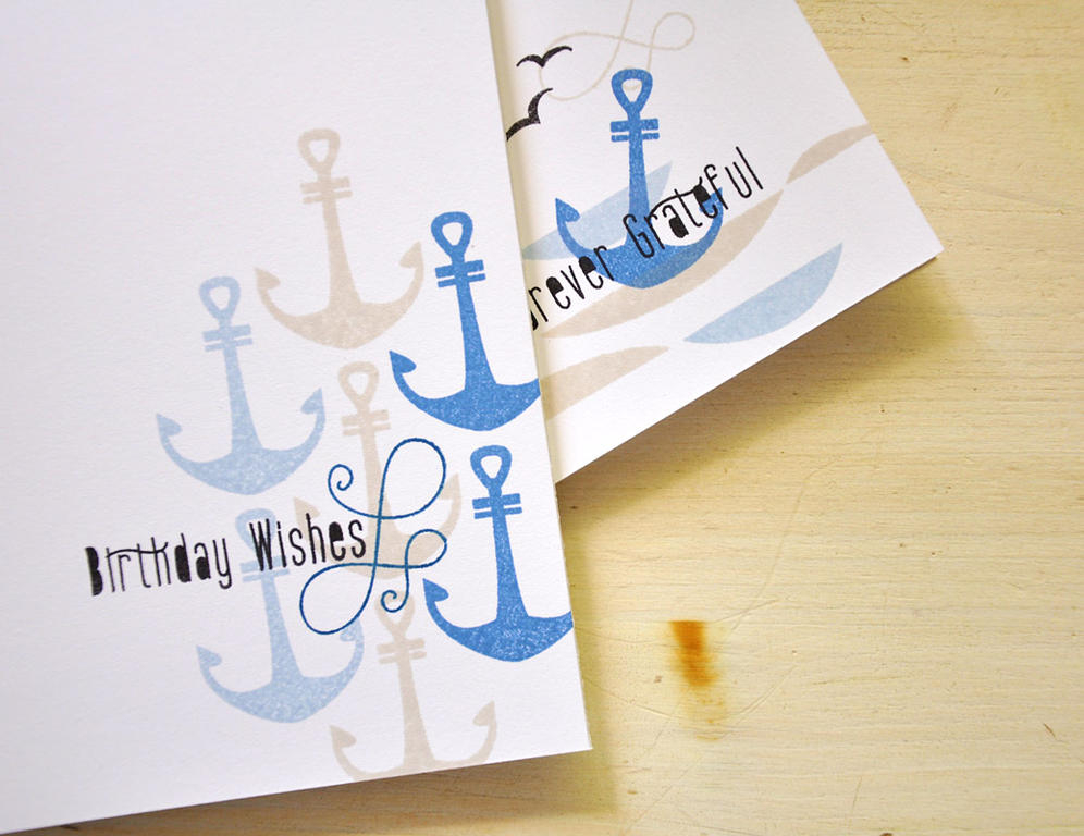 Stamps: Ahoy<br />
Ink: Enchanted Evening, Blueberry Sky, Spring Rain, Soft Stone, and True...