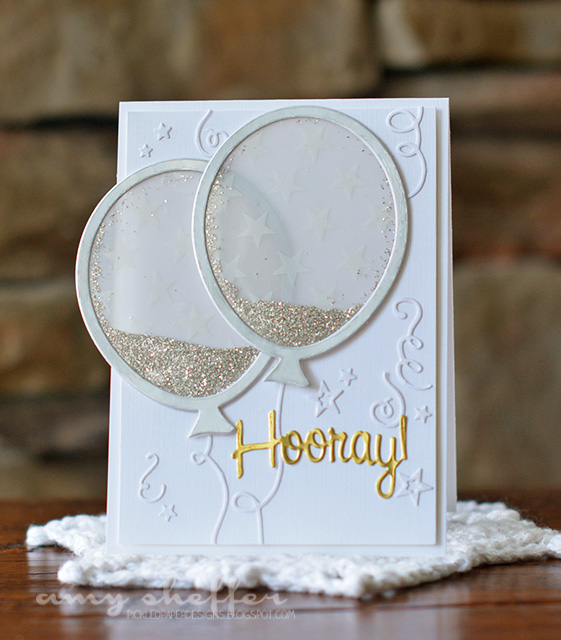 Dies: Shaker Shapes: Balloon<br />
<br />
Paper: Fresh Snow linen card stock<br />
<br />...