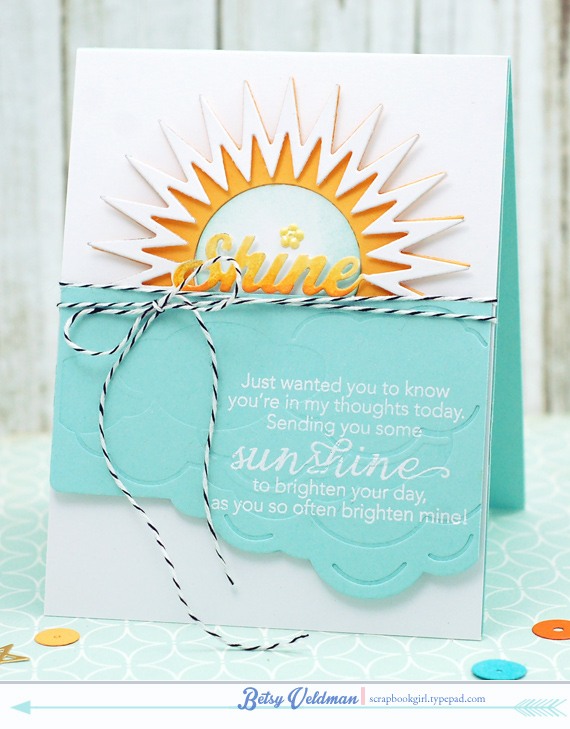 stamps: tucked in: thinking of you<br />
ink: versamark, orange zest, summer sunrise, aqua...