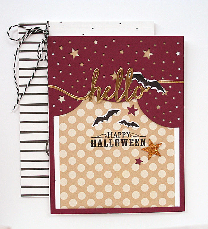 STAMPS: Haunted Headstones<br />
INK: True Black<br />
PAPER: Scarlet Jewel, Luxe Gold...