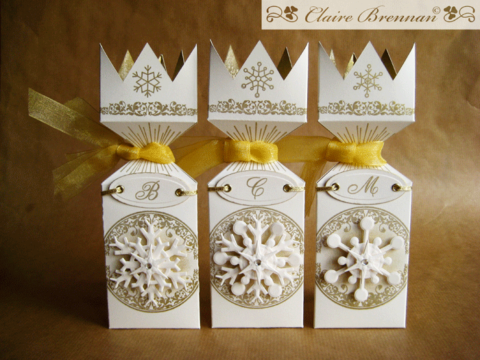 Three kings gift boxes. made of PTI vintage cream, stamped with Rustic snowflakes and Spooky...