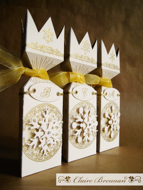 Three kings gift boxes. made of PTI vintage cream, stamped with Rustic snowflakes and Spooky...