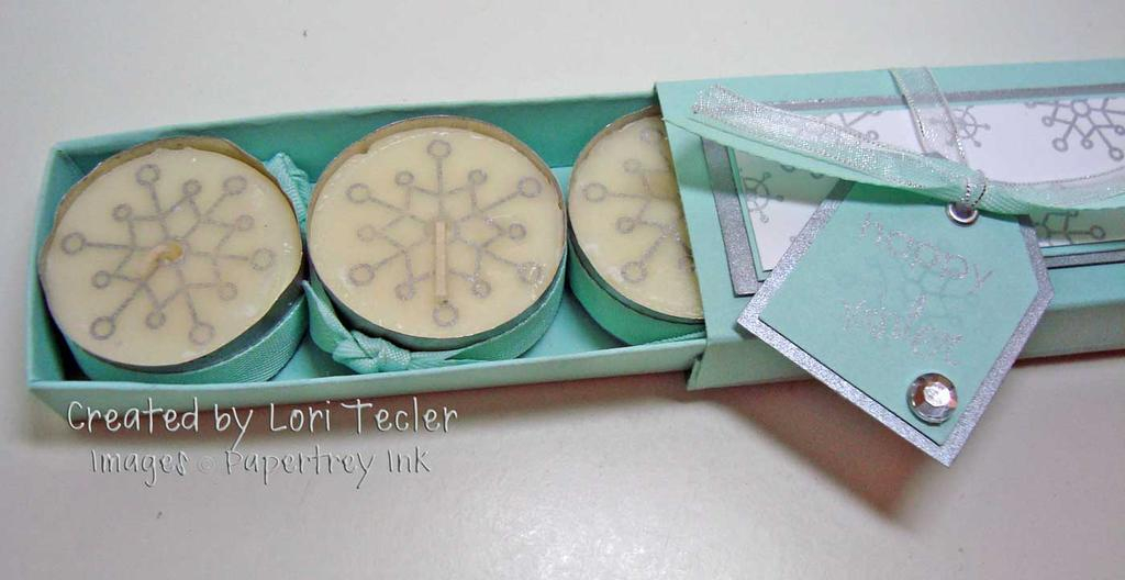 Winter Candle Box - open<br />
Tealights have silver stamped snowflake image (frrom Rustic...