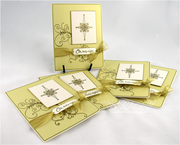 Stamps: Silent Night<br />
Supplies per card: <br />
16" sheer gold metallic ribbon<br />...