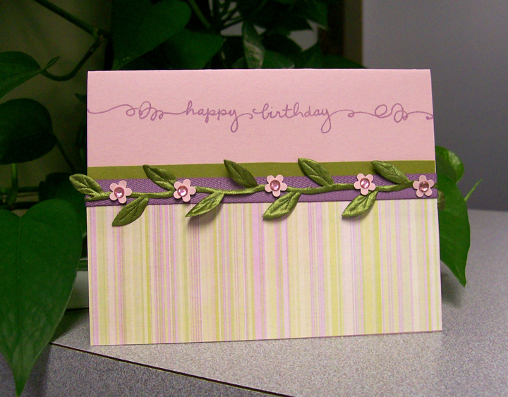 PTI products used:  Lavender Moon, Ripe Avacado cardstock, Plum Pudding twill tape and ink, Leaf...