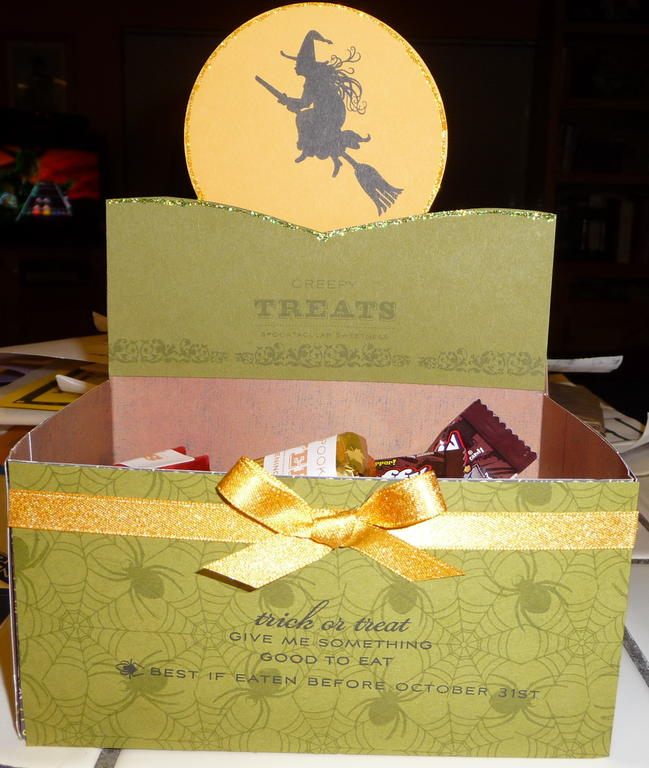 Box made with cloud9 halloween paper, ripe avocado and summer sunrise cardstock.  Stamped with...