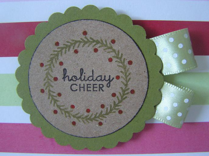 Wreath is from Tags and "holiday cheer" from Treats.  Striped paper from DCWV...
