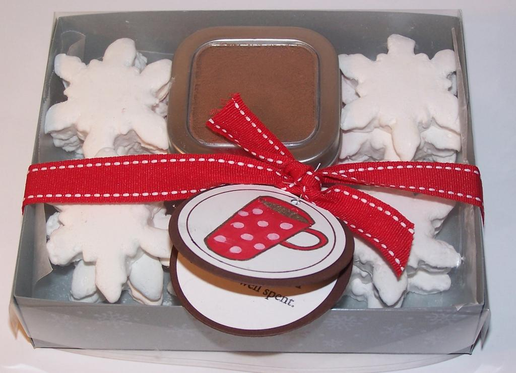 Homemade Marshmellow snowflakes and cocoa mix. I made the card with Warm Happiness and stamped...