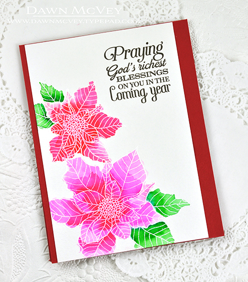 Paper: watercolor, pure poppy<br />
Stamps: Year of Flowers: Poinsettia, O Holy Night<br />...