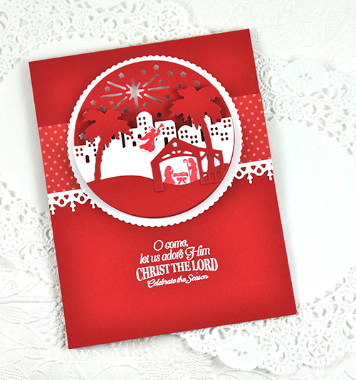 Paper: stamper&#039;s select white, pure poppy, pure poppy bitty dot<br />
Stamps: O Holy...