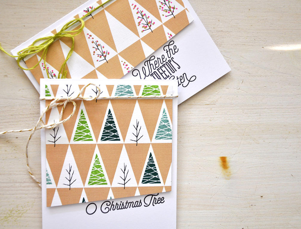 Stamps: Treetops Glisten<br />
Ink: Raspberry Fizz, Gold, New Leaf, Ocean Tides, Pinefeather,...