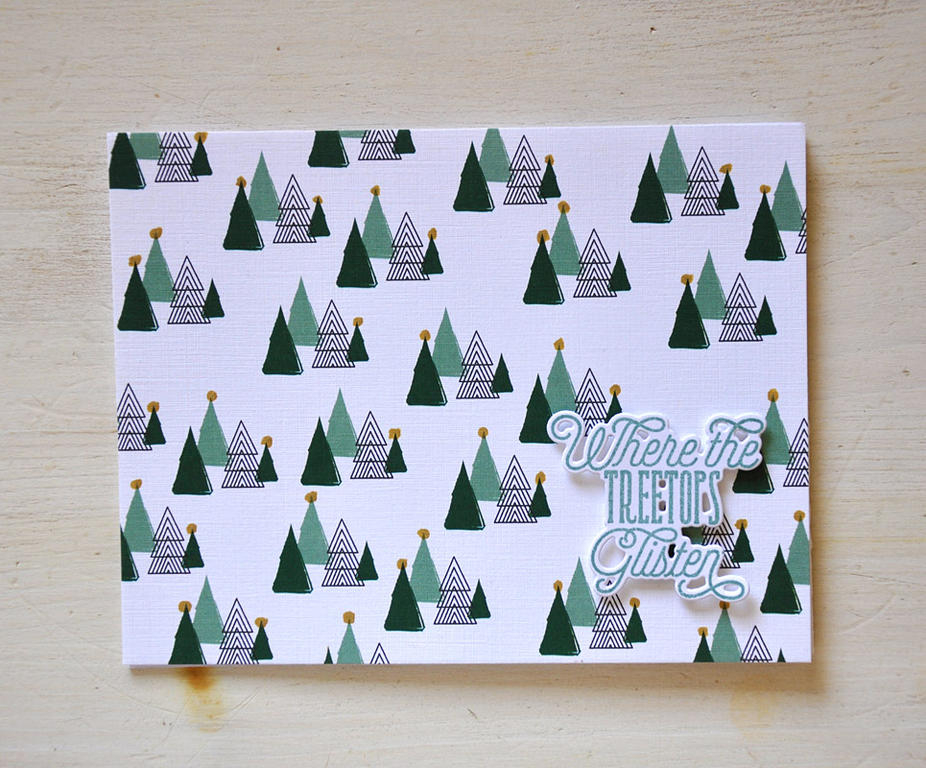 Stamps: Treetops Glisten<br />
Ink: Ocean Tides<br />
Cardstock: White<br />
Pattern Paper:...