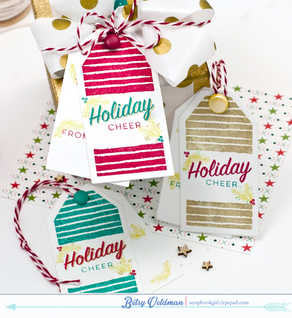 stamps: minute to make: holiday tags 2<br />
ink: pure poppy, tropical teal, limeade ice, gold...
