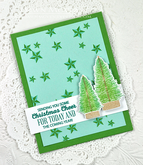 Paper: stamper&#039;s select white, aqua mist, new leaf<br />
Stamps: Joyful Christmas<br />...