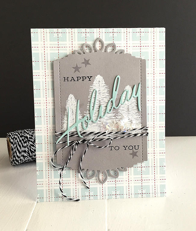 STAMPS: Joyful Christmas<br />
INK: True Black; Versamark - craft supply, Soft Granite - Hero...