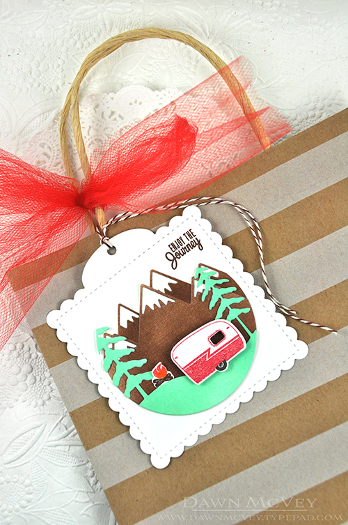 Paper: white linen<br />
Stamps: Petite Places: Happy Camper<br />
Ink: dark chocolate, pure...