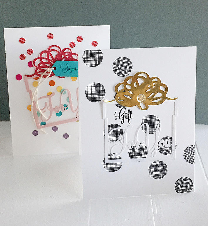 STAMPS: Enclosed: Present<br />
INK: True Black<br />
PAPER: white, Luxe Gold Adhesive...