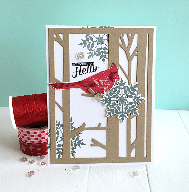 STAMPS: Fab Flakes, Winter Woods<br />
INK: Stormy Sea, Pure Poppy, Scarlet Jewel, True...