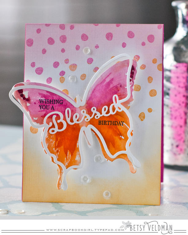 Stamps: enclosed: butterfly, background basics: splats <br />
Ink: raspberry fizz, Scarlet...