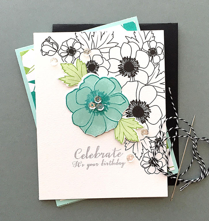 STAMPS: Bold Blossoms<br />
INK: Soft Granite by Hero Arts; Aqua Mist, Tropical Teal, Mint...