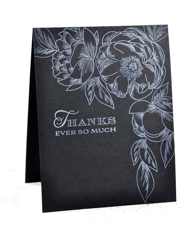 Paper: true black<br />
Stamps: Peonies on Parade, Thank You Kindly<br />
Ink: fresh snow<br...