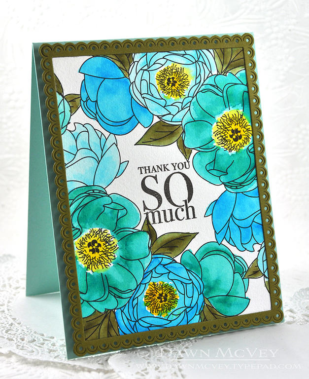 Paper: aqua mist, ripe avocado, Peonies on Parade watercolor sheet<br />
Stamps: Thank You...