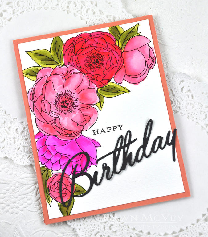Paper: smokey shadow, melon berry, Peonies on Parade watercolor sheet<br />
Stamps: Birthday...