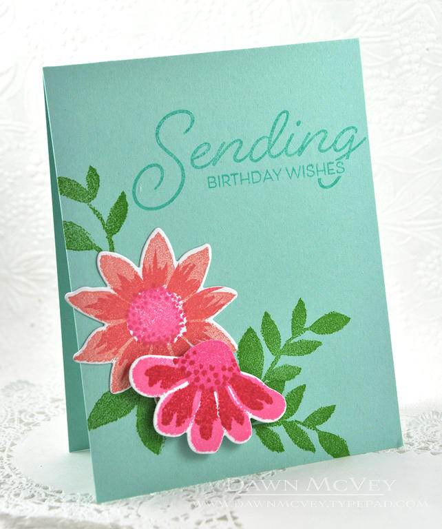 Paper: aqua mist, stamper's select white<br />
Stamps: Painted Petals<br />
Ink: new...