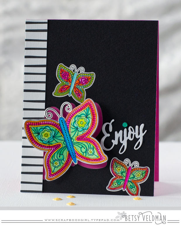 cardstock:  raspberry fizz, stamper&#039;s select white<br />
dies: what the doodle: butterfly,...