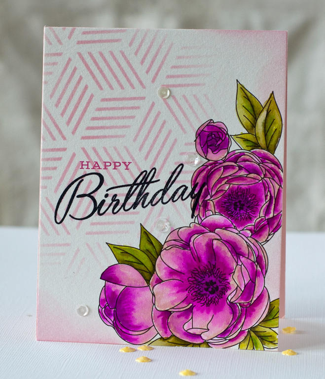 stamps: birthday cheer<br />
ink: true black, raspberry fizz, sweet blush<br />
other: peonies...