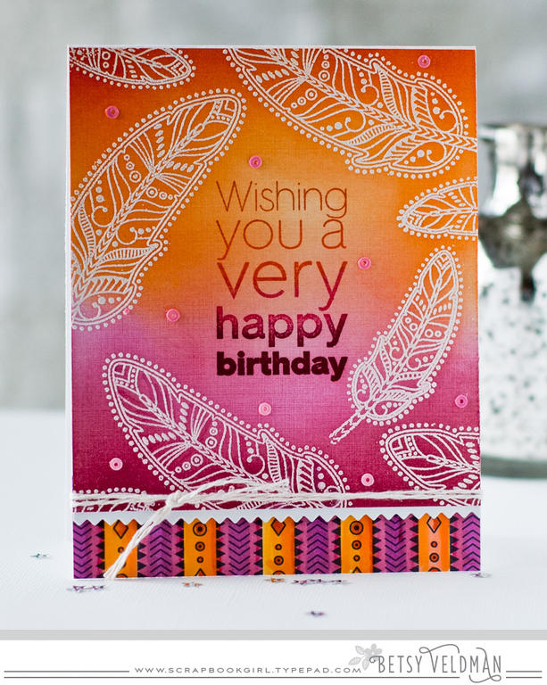 stamps: ombre sentiments: birthday, what the doodle: feather<br />
ink: versamark, summer...