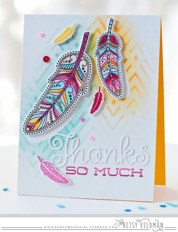stamps: what the doodle: feather, bloomin&#039; cute<br />
ink: aqua mist, bright buttercup,...