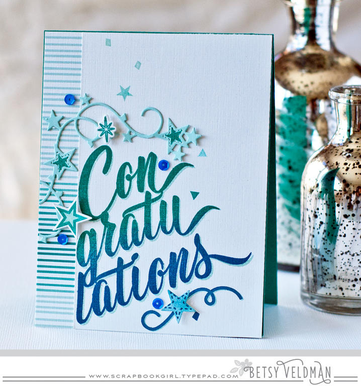 stamps: paper clippings: congratulations<br />
ink: tropical teal, enchanted evening, aqua...