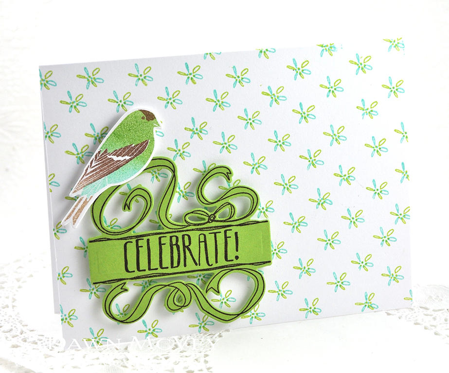 Paper: stamper&#039;s select white, green parakeet<br />
Stamps: Splits: Celebrate, Spring...