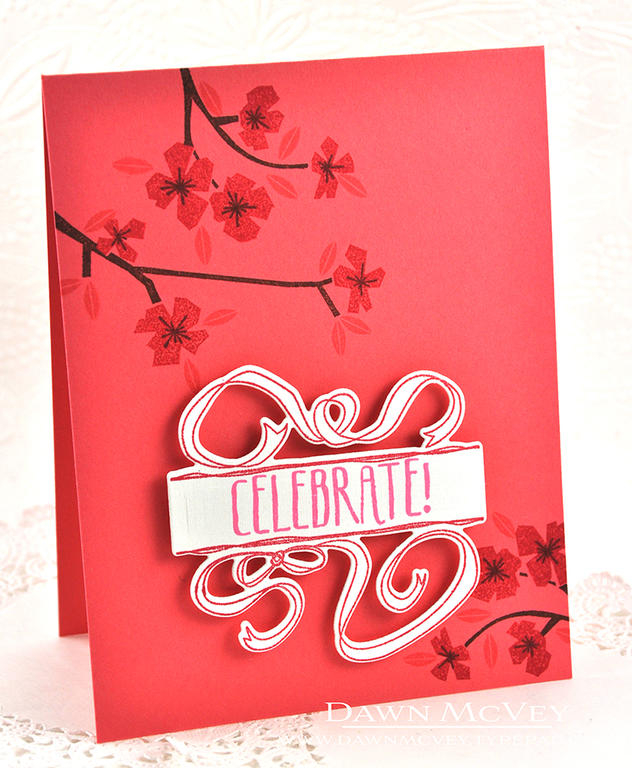 Paper: fresh snow linen, berry sorbet<br />
Stamps: Splits: Celebrate, Spring Woods<br />
Ink:...