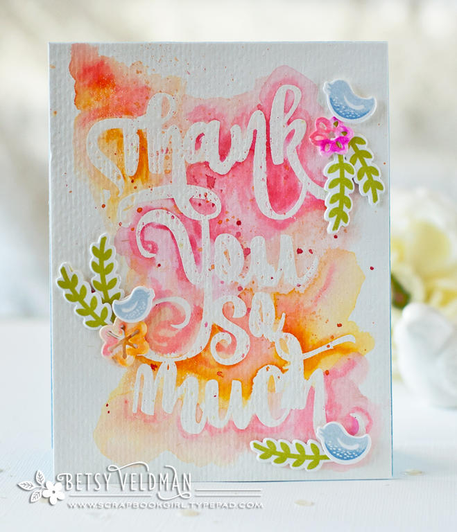 stamps:  paper clippings: thank you<br />
ink: green parakeet, blueberry sky, spring rain,...