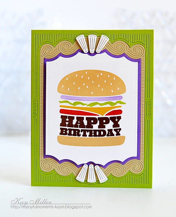 STAMPS: King of The Grill<br />
DIES: Cover Plate: Marquee<br />
INKS: Fine Linen, Amethyst...