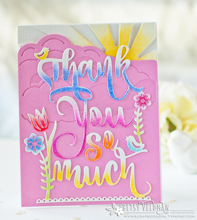 dies: paper clippings: thank you, cover plate: blue skies, blue skies rays<br />
ink: bright...