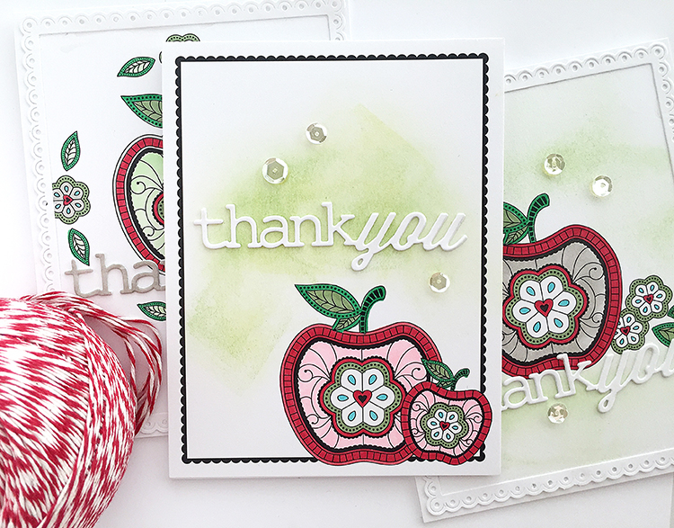 STAMPS: What the Doodle: Apple<br />
INK: True Black, New Leaf<br />
PAPER: Sheer Basics...