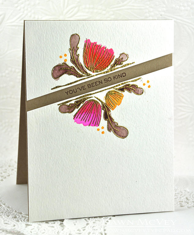 Paper: watercolor card stock, kraft<br />
Stamps: Splits: Thank You, Scripted<br />
Ink: dark...