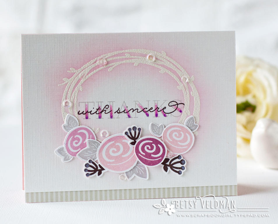 stamps: colorful words, paper clippings: thinking of you<br />
ink: sweet blush, lovely lady,...