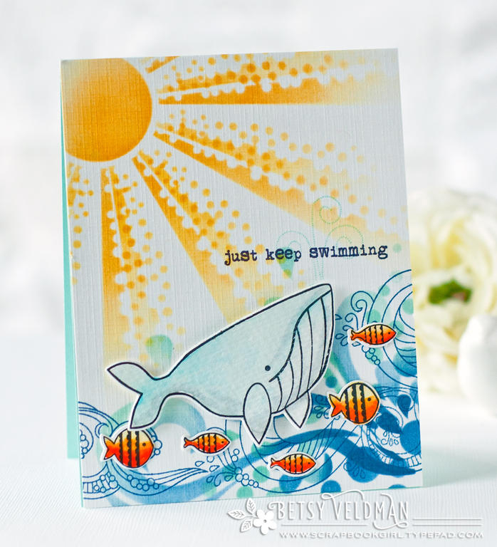 stamps: keep swimming, what the doodle: waves<br />
ink: bright buttercup, true black, aqua...