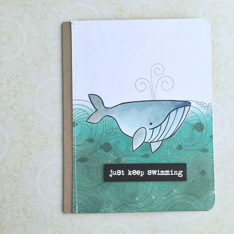 size: 4 1/4&quot; x 5 1/2&quot;<br />
<br />
stamps: Keep Swimming, What the Doodle: Waves<br...