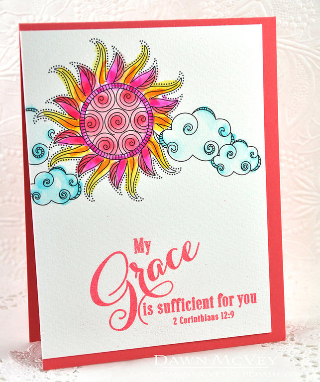 Paper: berry sorbet, What the Doodle: Sun watercolor sheet<br />
Stamps: Inspired: Grace<br />...