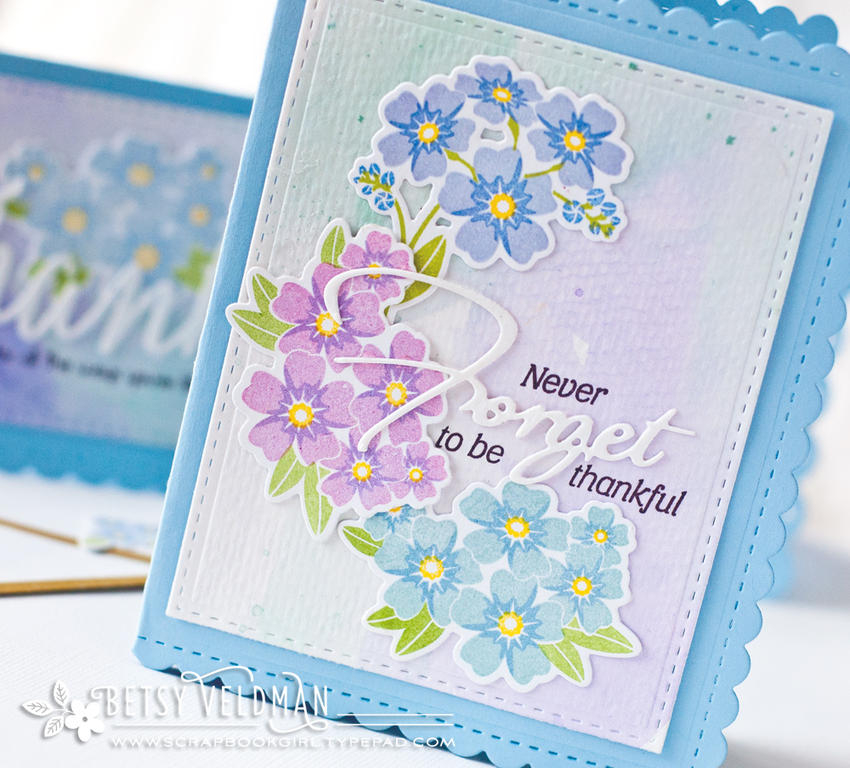 stamps: forget me not<br />
ink: spring rain, blueberry sky, lovely lady, aqua mist, green...