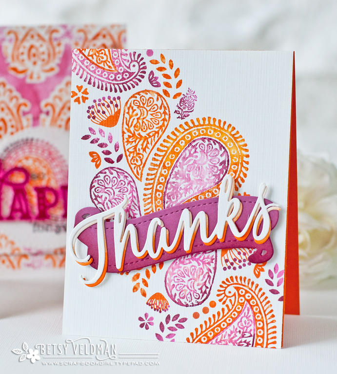 stamps: woodblock prints, embellished elegance<br />
ink: raspberry fizz, scarlet jewel, orange...