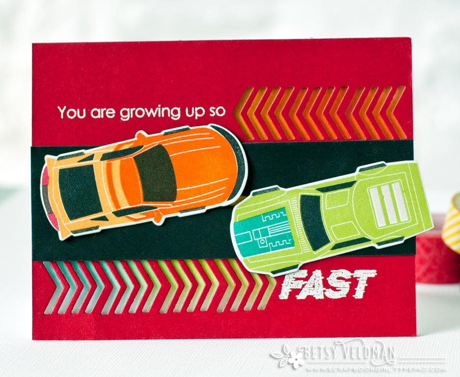 stamps: need for speed<br />
ink: versamark, orange zest, summer sunrise, green parakeet,...