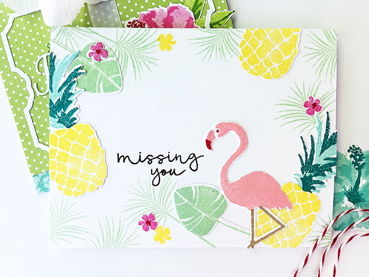 STAMPS: Some Like It Hot, Tropics<br />
INK: Pale Peony, Bright Buttercup, Aqua Mist, Tropical...